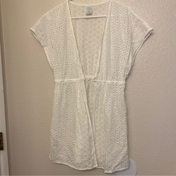 Kona Sol Cotton white Eyelet open front swimsuit coastal beachy Cover Up S/M - Picture 2 of 13
